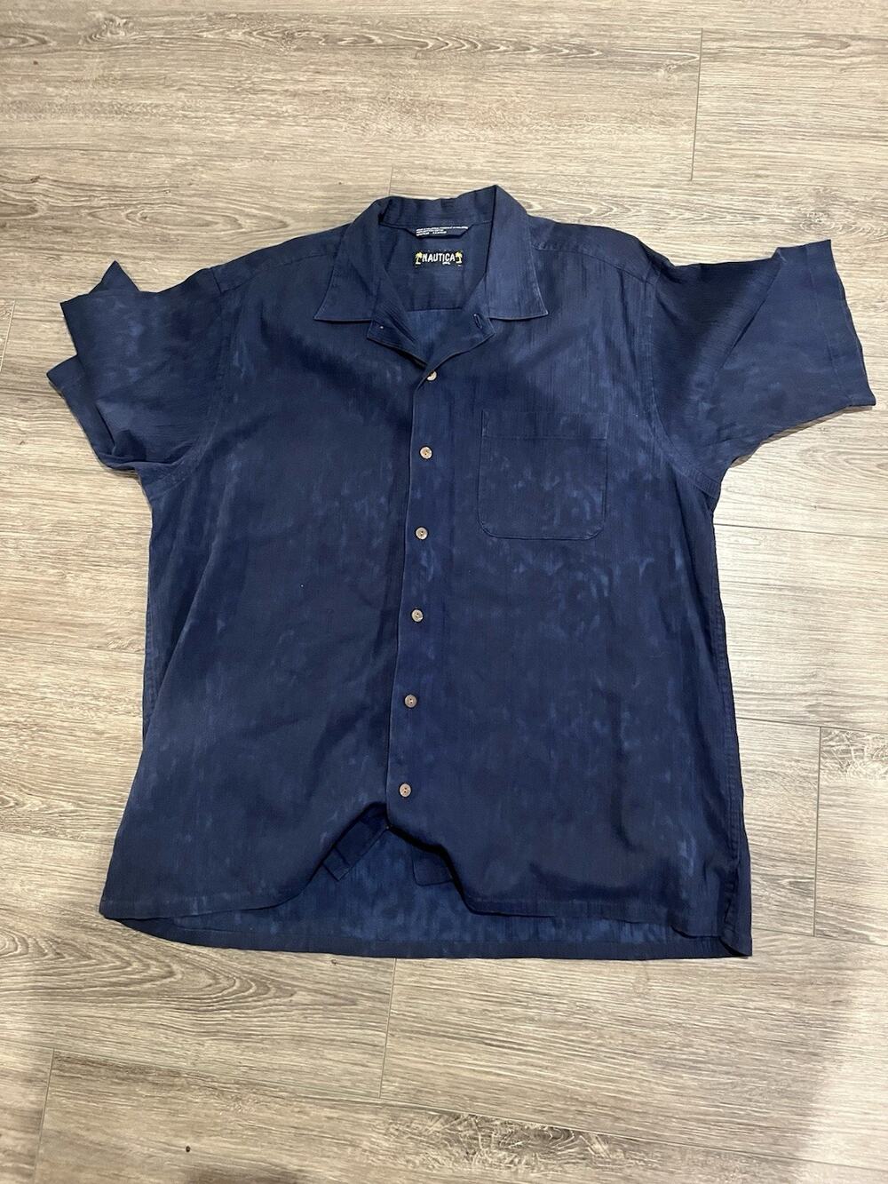 Nautica Men's 100% Linen Short Sleeve Button Down Shirt Navy Blue Size Large